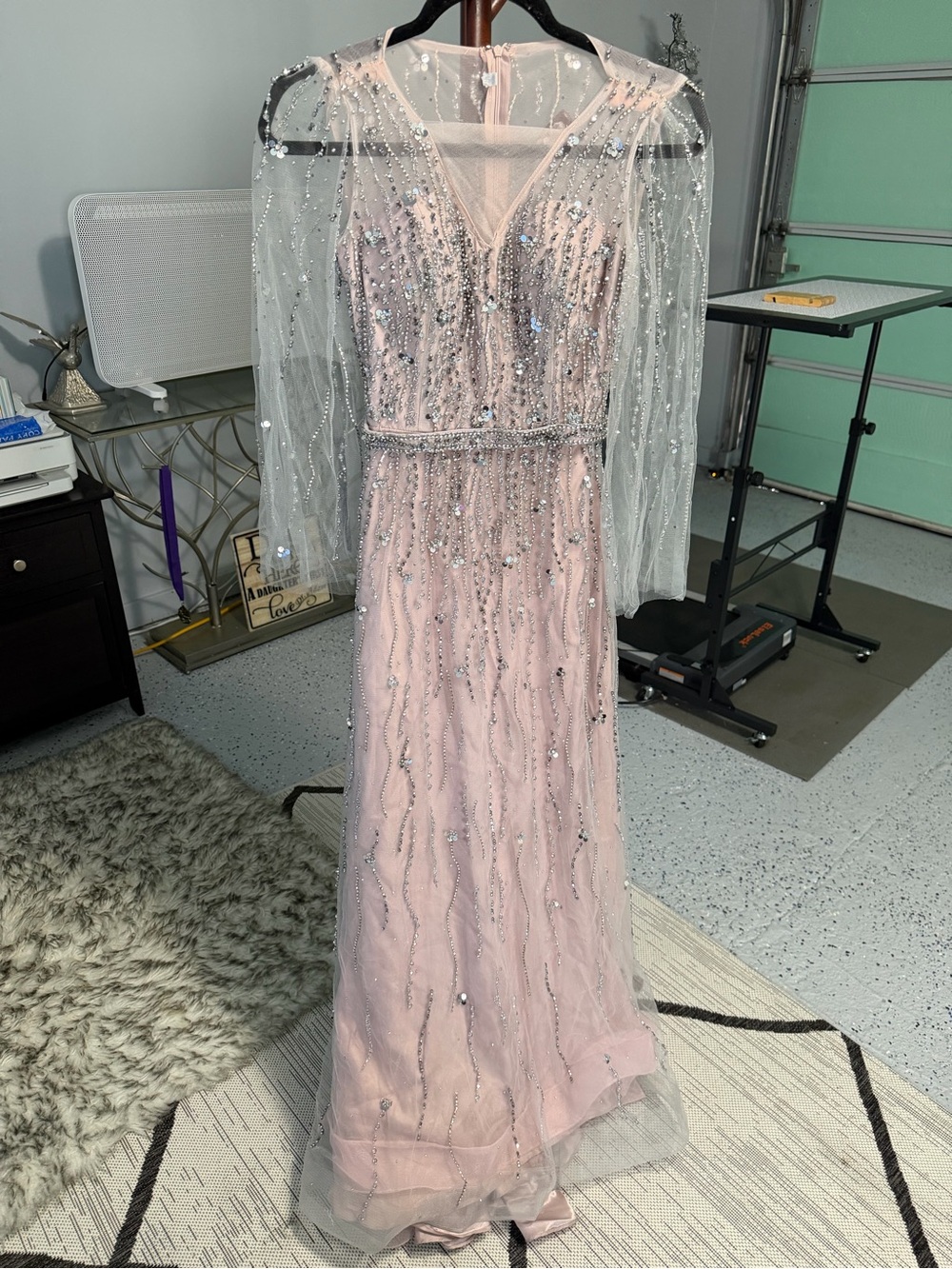 Elegant Beaded Evening Gown with Sheer Sleeves